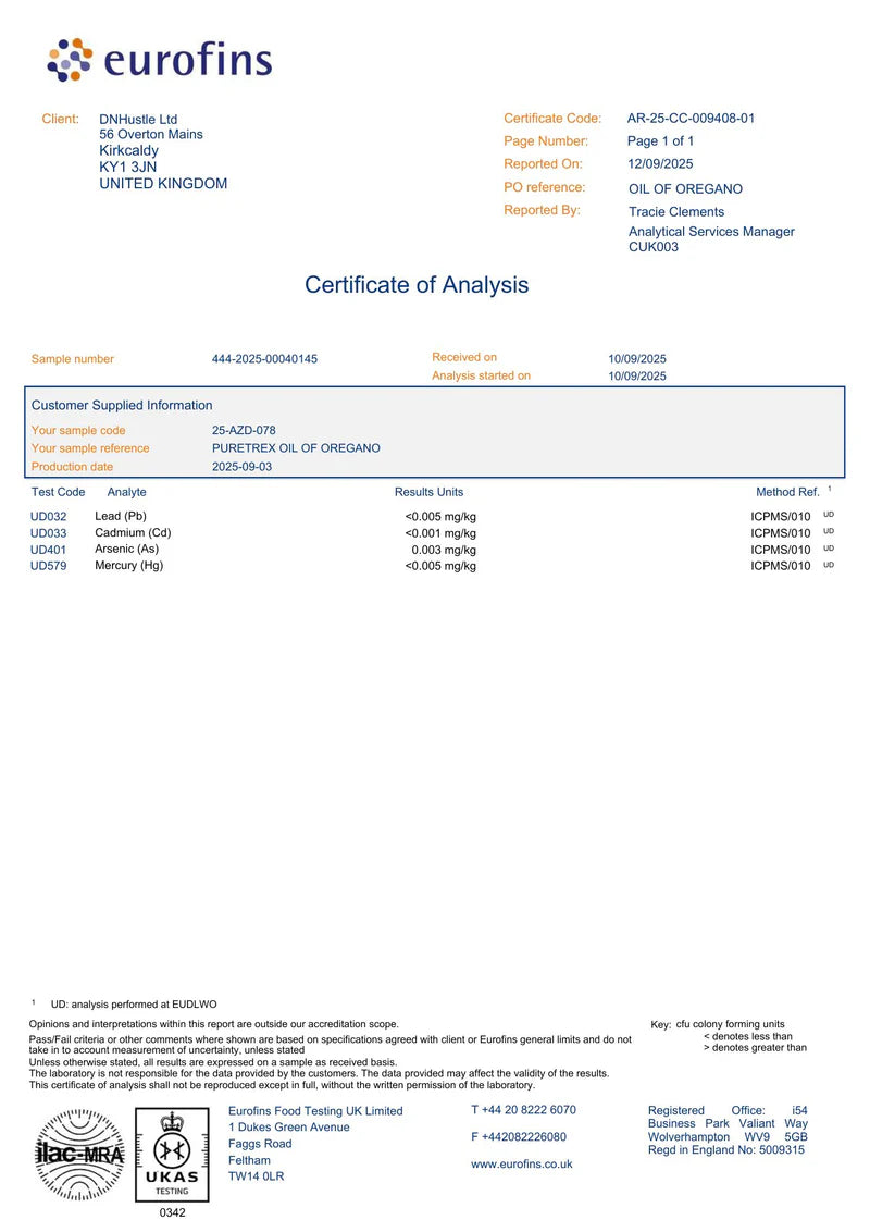 Third-party lab test certificate for PURETREX Oil of Oregano 6000mg