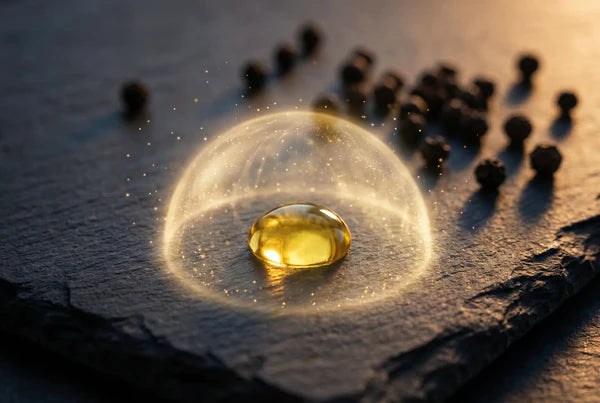 Golden omega-3 softgel capsule with water droplets representing astaxanthin antioxidant cell protection
