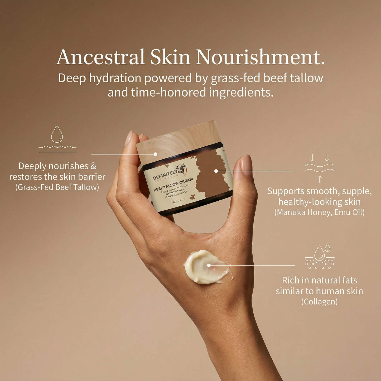 Definitely Beef Tallow Cream lifestyle image showing ancestral skin nourishment with hand application and natural texture