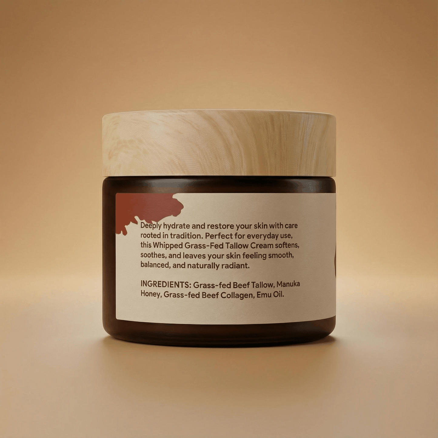 Back label of Definitely Beef Tallow Cream jar showing ingredients, directions for use and product information