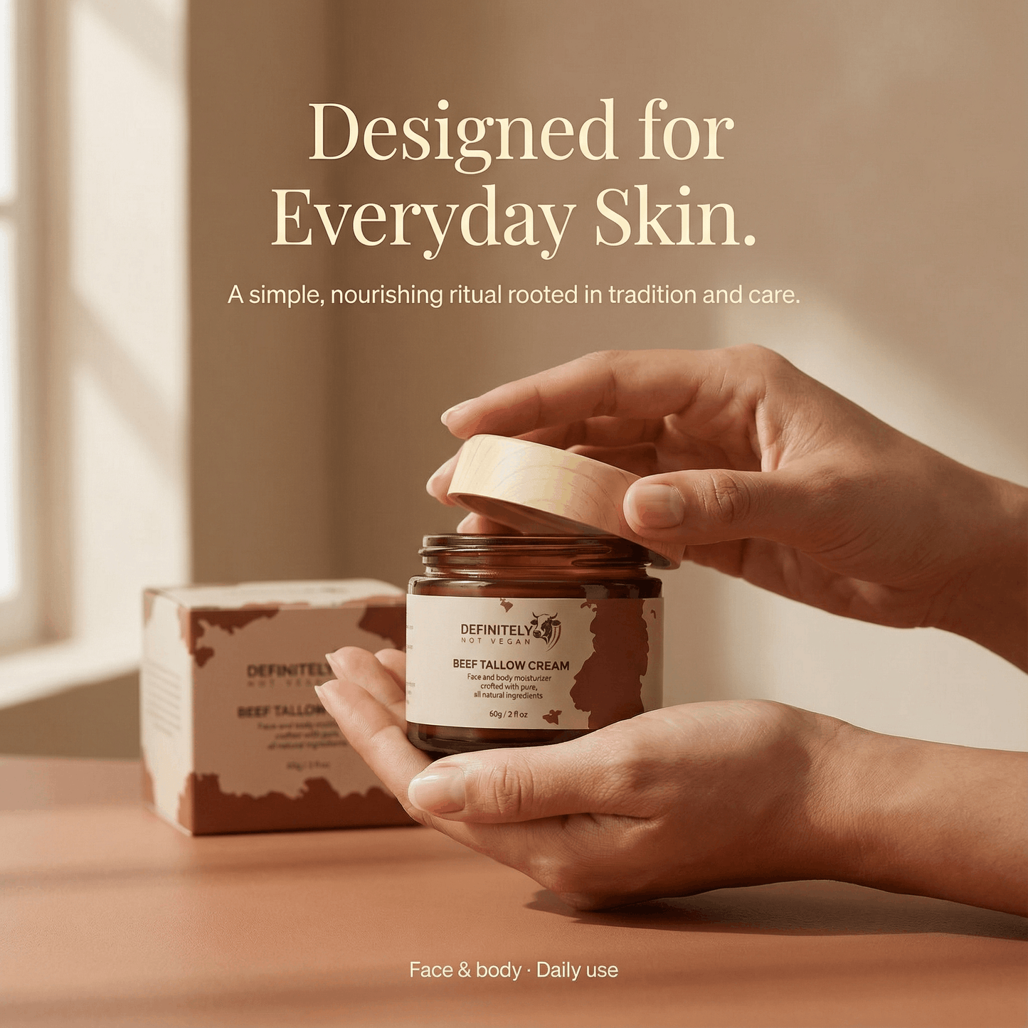 Definitely Beef Tallow Cream designed for everyday skin use showing simple daily skincare ritual