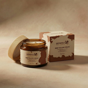 Definitely Beef Tallow Cream main packaging showing glass jar and box on a neutral background, natural skin nourishing balm