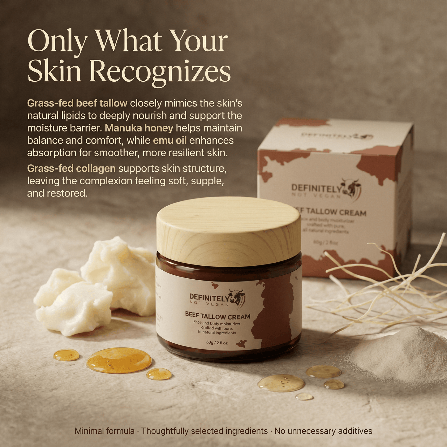 Definitely Beef Tallow Cream image highlighting minimalist ingredients and skin compatible nourishment with natural fats