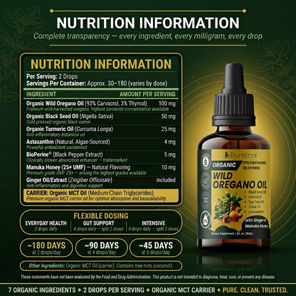 Organic Wild Oregano Oil Drops – 93% Carvacrol with Ginger & UMF 25+ Manuka Honey