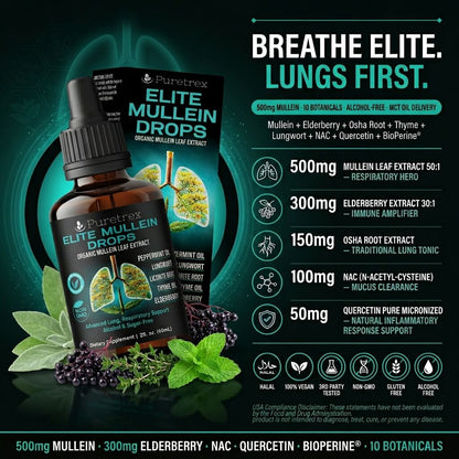 Elite Mullein Drops – Organic Mullein Leaf with Peppermint, Lungwort & Thyme