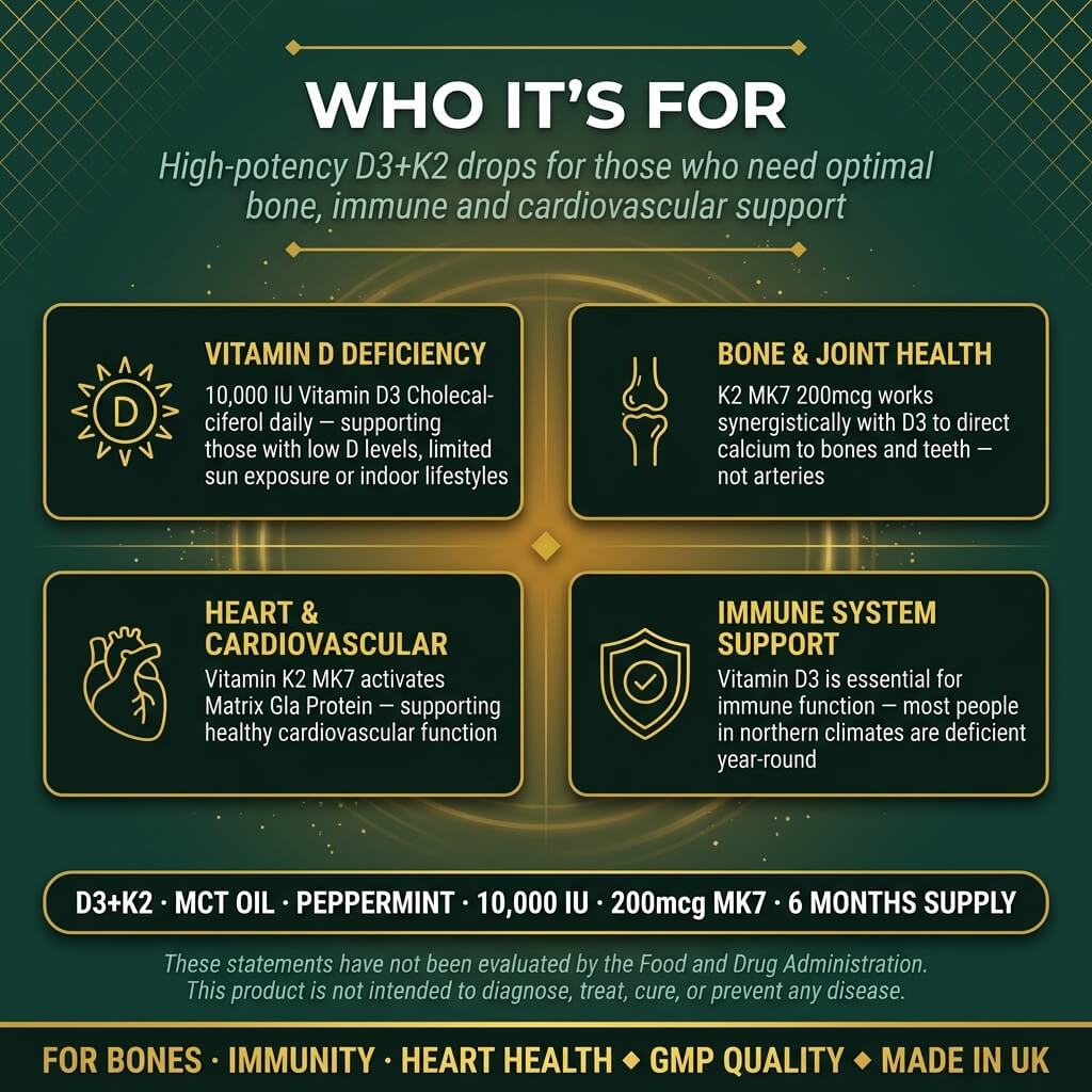 Vitamin D3 + K2 Drops 10,000 IU – K2 MK7 200mcg with Organic MCT Coconut Oil