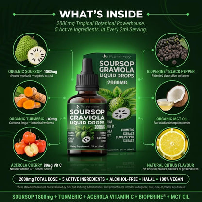 Graviola Soursop Liquid Drops 2000mg – Acerola Cherry, Turmeric & Black Pepper