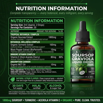 Graviola Soursop Liquid Drops 2000mg – Acerola Cherry, Turmeric & Black Pepper