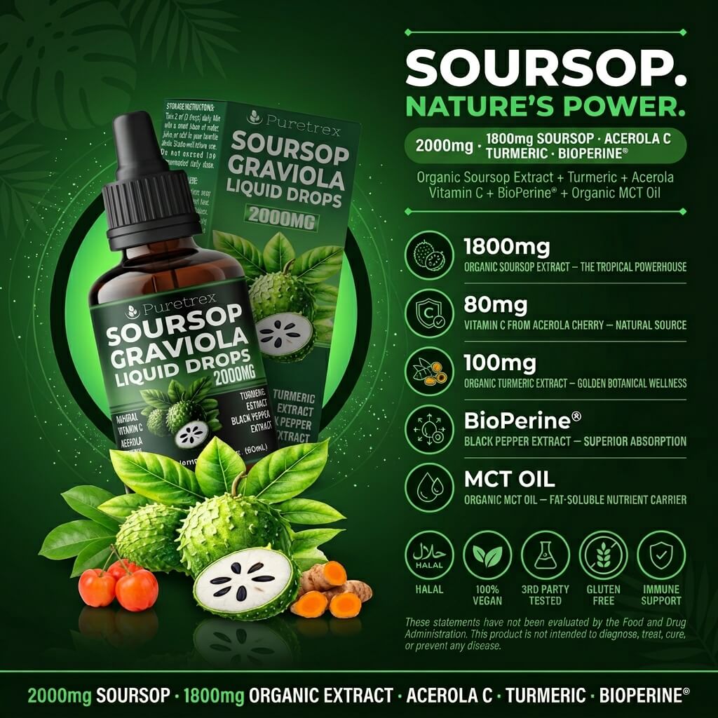 Graviola Soursop Liquid Drops 2000mg – Acerola Cherry, Turmeric & Black Pepper