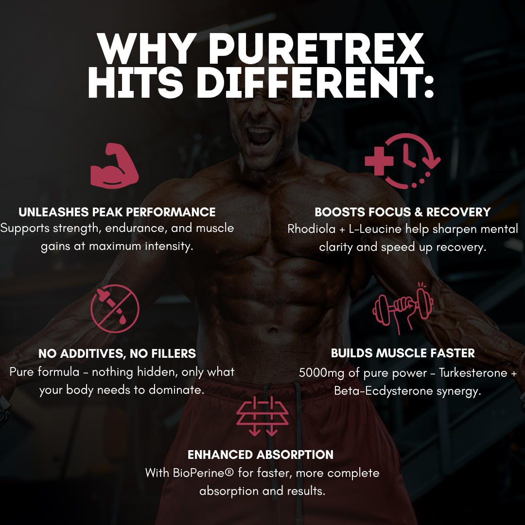 Advertisement for Puretrex supplement highlighting its benefits with a muscular person in the background.