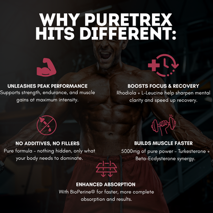 Advertisement for Puretrex supplement highlighting its benefits with a muscular person in the background.