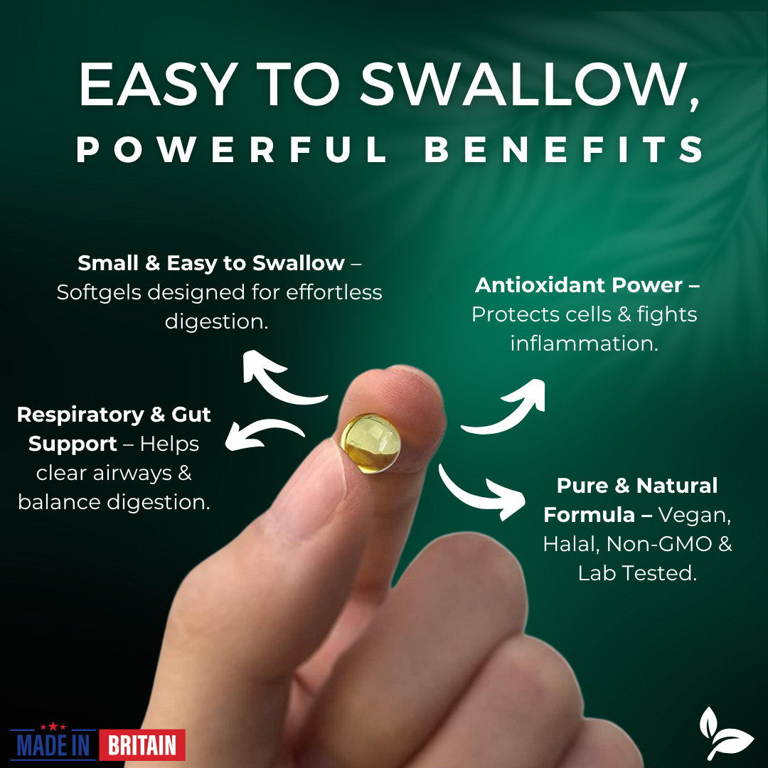 Vitamins on a finger with text highlighting benefits on a green background