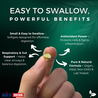 Vitamins on a finger with text highlighting benefits on a green background