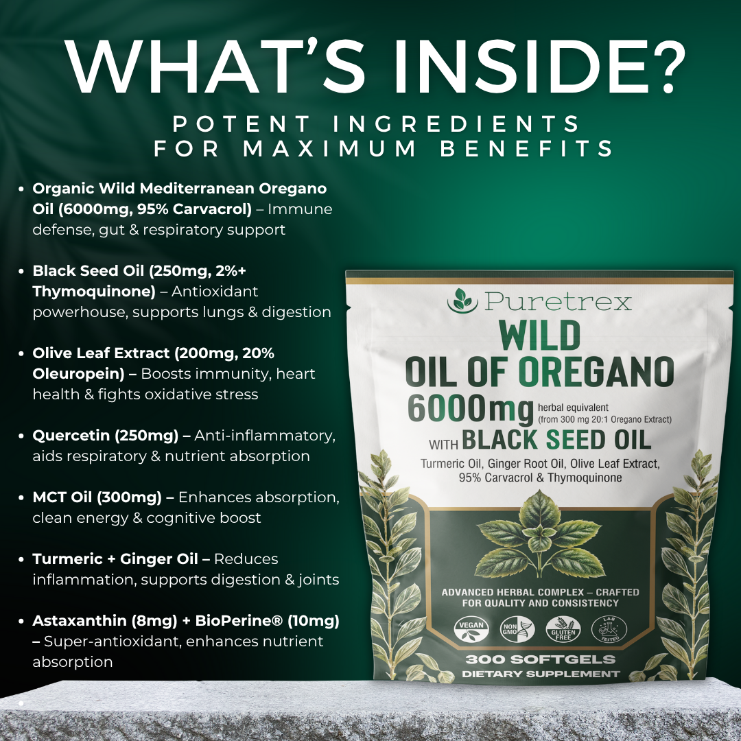 Supplement package with ingredients list on a green background