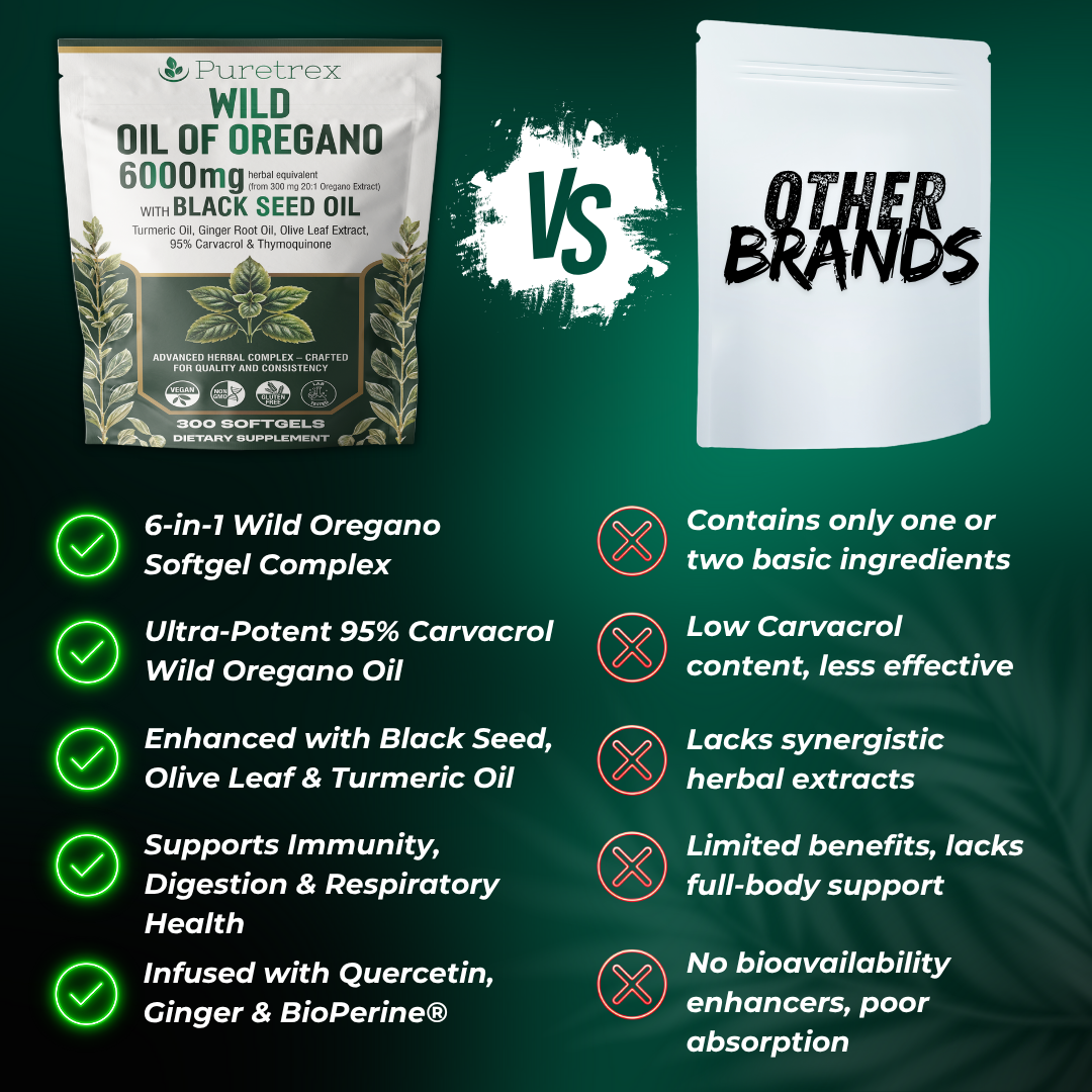 Comparison chart between Puretrex Wild Oil of Oregano and 'Other Brands' on a green background.
