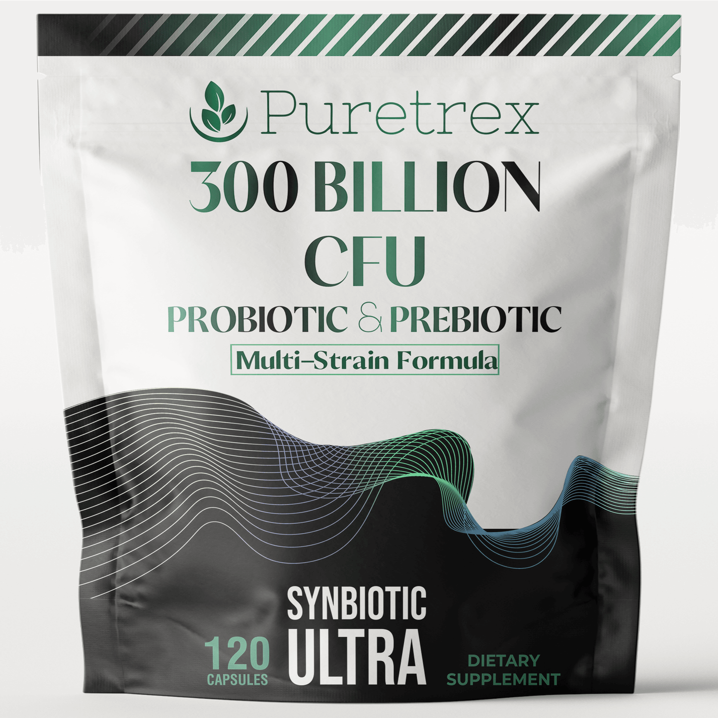 PURETREX 300 Billion CFU Probiotic & Prebiotic Multi-Strain Synbiotic Ultra Formula supplement pouch, 120 capsules for gut health, digestion, and immune support