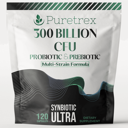 PURETREX 300 Billion CFU Probiotic & Prebiotic Multi-Strain Synbiotic Ultra Formula supplement pouch, 120 capsules for gut health, digestion, and immune support