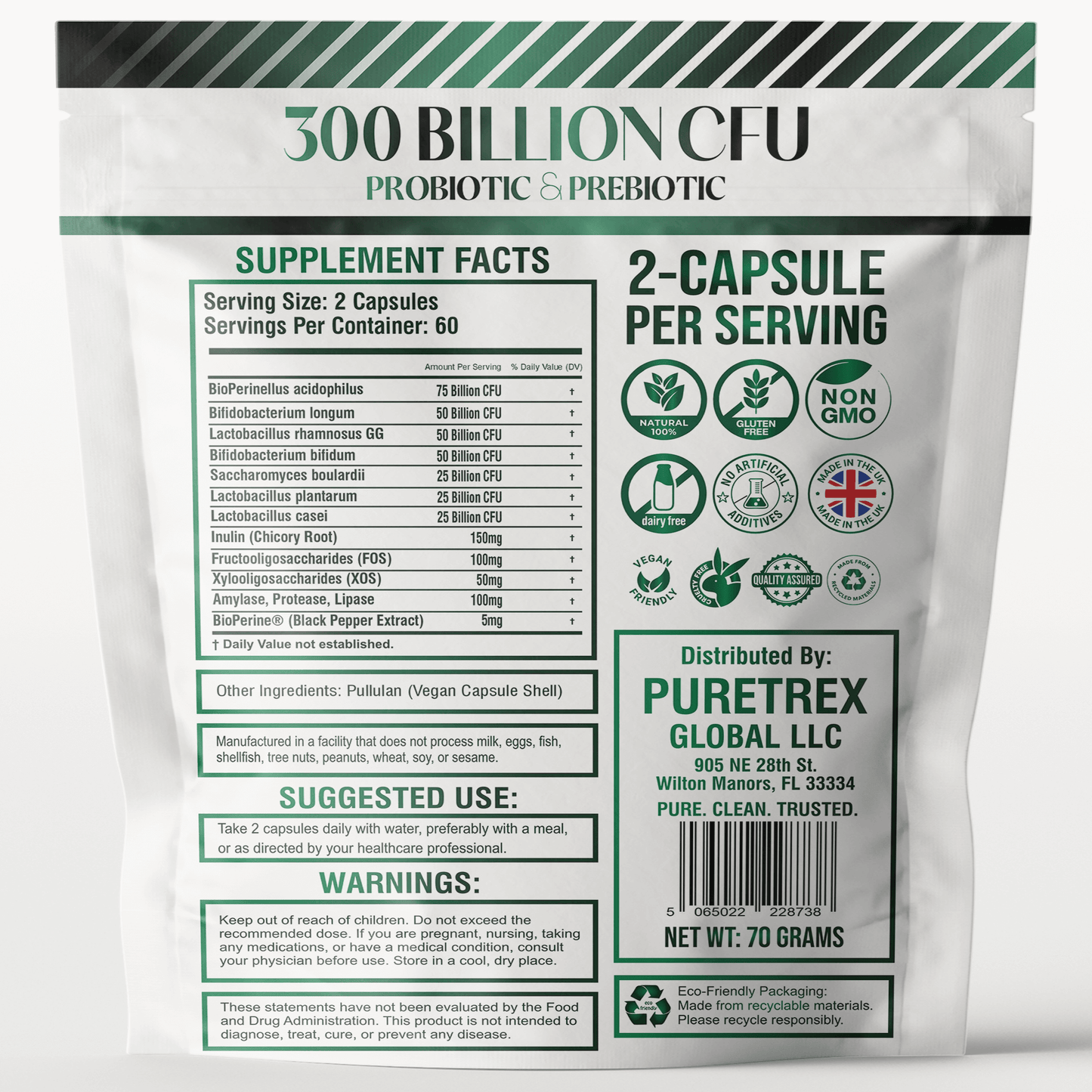 Supplement Facts for PURETREX 300 Billion CFU Probiotic & Prebiotic formula showing dosage, ingredients, and probiotic strain list