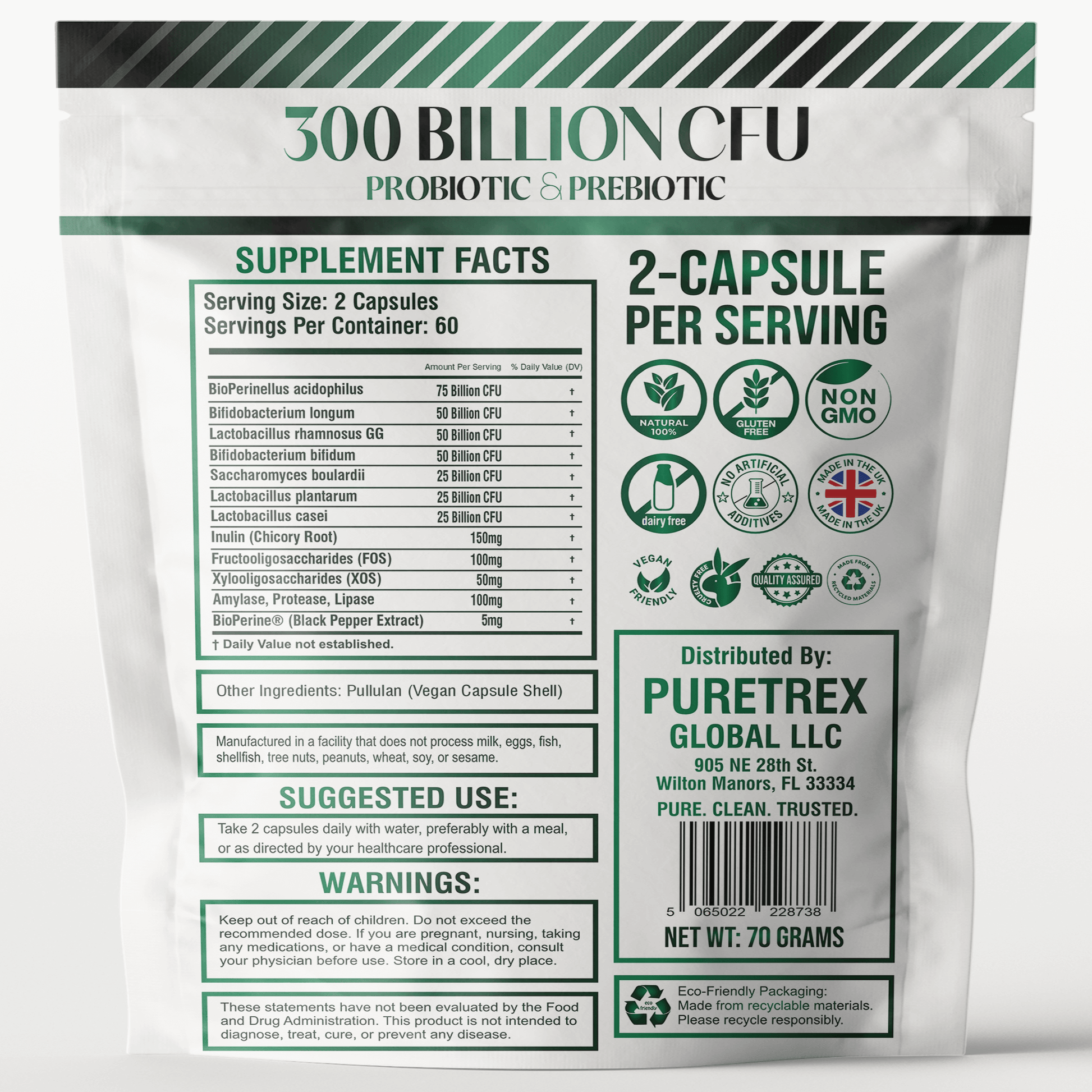 Supplement Facts for PURETREX 300 Billion CFU Probiotic & Prebiotic formula showing dosage, ingredients, and probiotic strain list