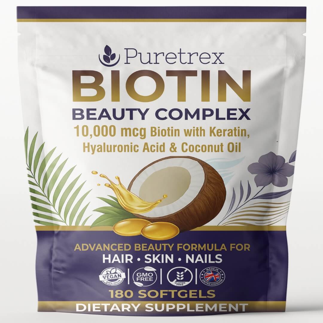 Front view of PURETREX Biotin Beauty Complex food supplement pouch on a clean white background, showing the brand name Puretrex and large Biotin Beauty Complex title, text stating 10,000 micrograms of biotin with keratin, hyaluronic acid and coconut oil, visual illustration of a coconut with oil splash and softgel capsules, decorative leaves and flowers, icons indicating vegan friendly, GMO free and high quality standards, and text highlighting advanced beauty formula for hair, skin and nails with 180 softg