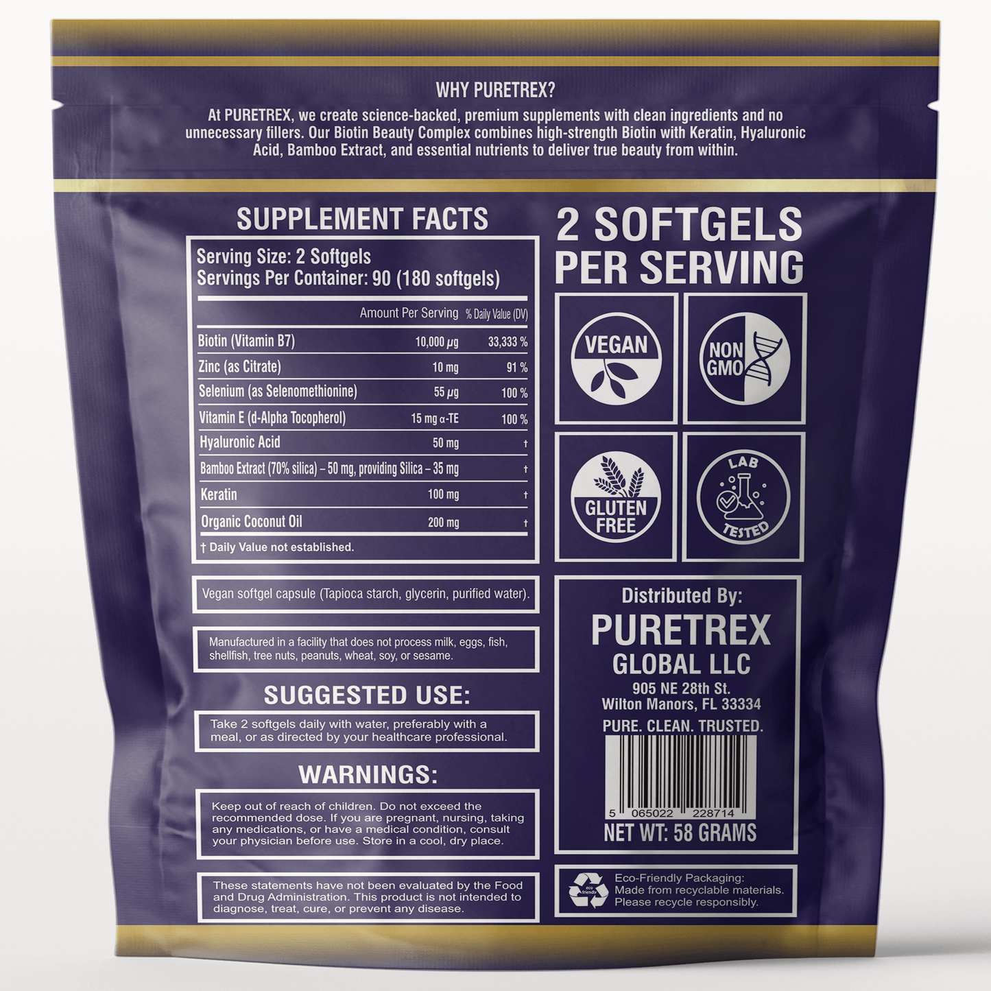 Back view of PURETREX Biotin Beauty Complex packaging displaying the supplement facts panel, ingredient list, serving size of two softgels, usage directions, storage instructions, safety warnings and manufacturer information clearly printed on the label