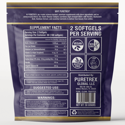 Back view of PURETREX Biotin Beauty Complex packaging displaying the supplement facts panel, ingredient list, serving size of two softgels, usage directions, storage instructions, safety warnings and manufacturer information clearly printed on the label