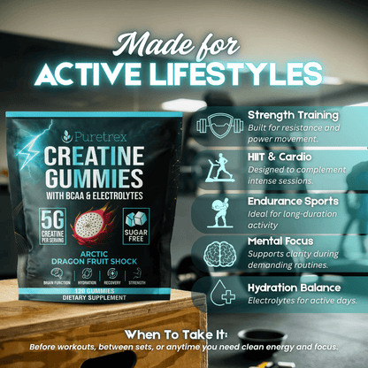 Puretrex Creatine Gummies made for active lifestyles highlighting strength, recovery, hydration and daily performance support