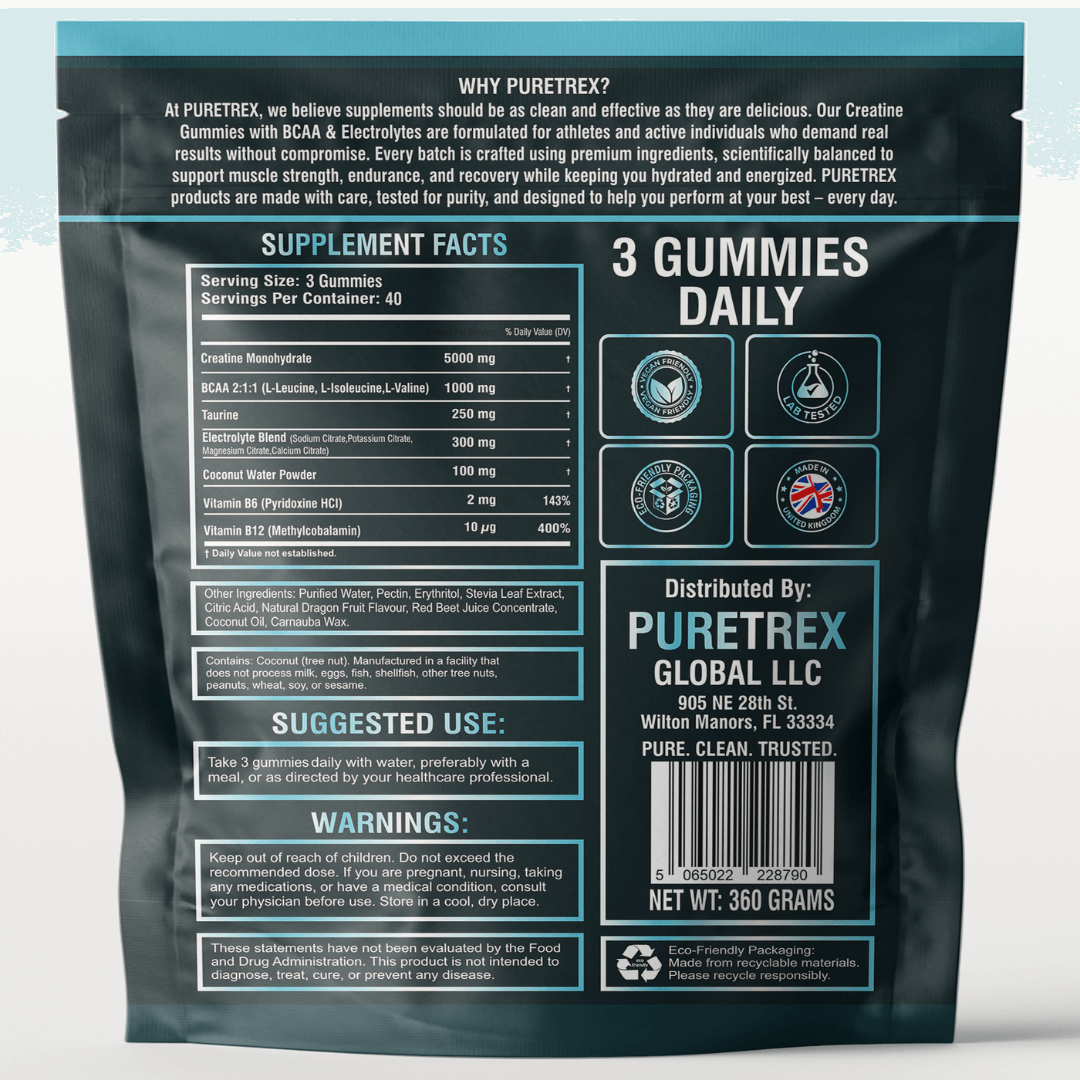 Back of Puretrex Creatine Gummies packaging showing nutrition information, ingredients, directions for use, warnings and product details