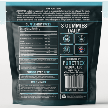 Back of Puretrex Creatine Gummies packaging showing nutrition information, ingredients, directions for use, warnings and product details