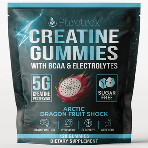 Puretrex Creatine Gummies front packaging showing 5 g creatine per serving with BCAA and electrolytes, sugar free gummy supplement in arctic dragon fruit flavour