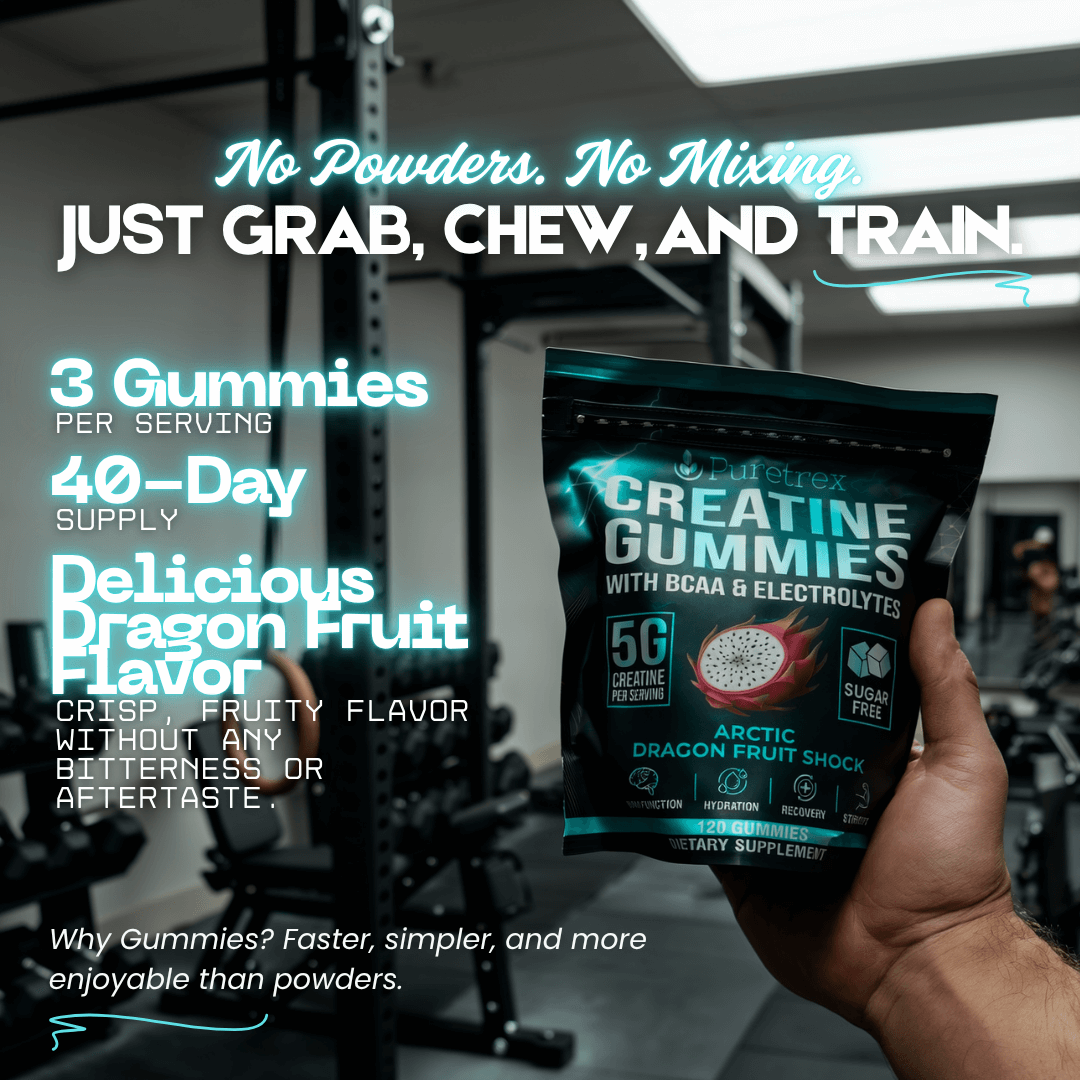 Puretrex Creatine Gummies grab chew and train image showing easy use gummies for strength, training and active performance
