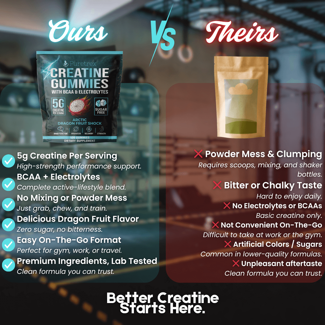 Ours vs theirs comparison showing Puretrex Creatine Gummies versus traditional creatine powders for convenience, taste and performance support