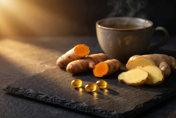 Golden softgel capsules with fresh turmeric and ginger root — natural digestive comfort support