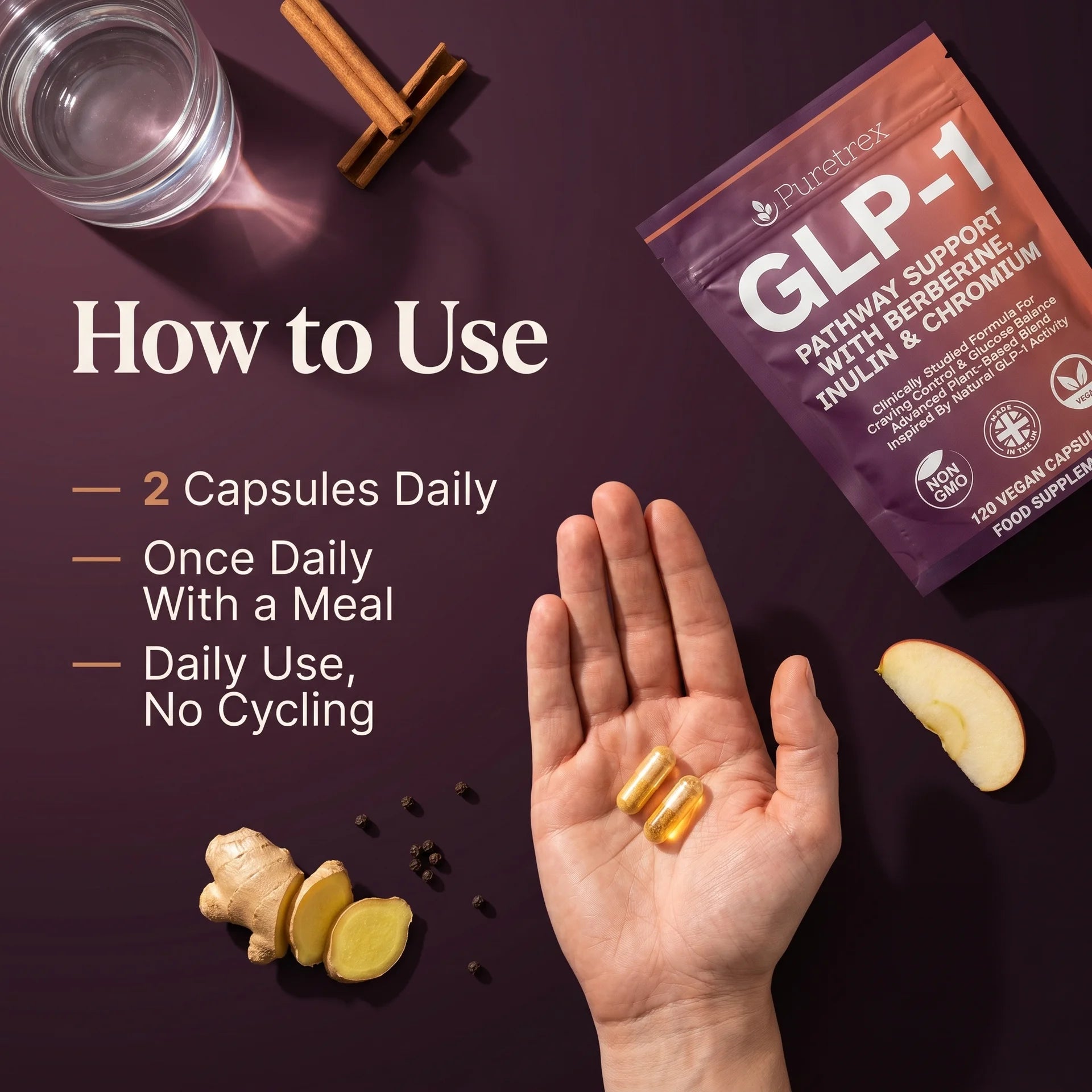 How to take Puretrex GLP-1 pathway support — 2 vegan capsules once daily with a meal for cravings control and glucose balance, no cycling needed.