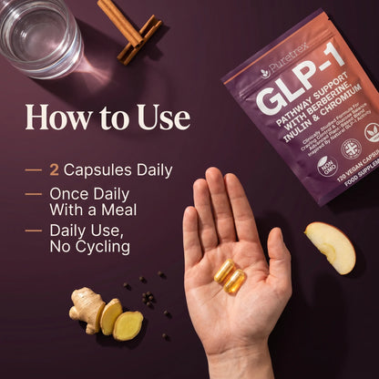How to take Puretrex GLP-1 pathway support — 2 vegan capsules once daily with a meal for cravings control and glucose balance, no cycling needed.