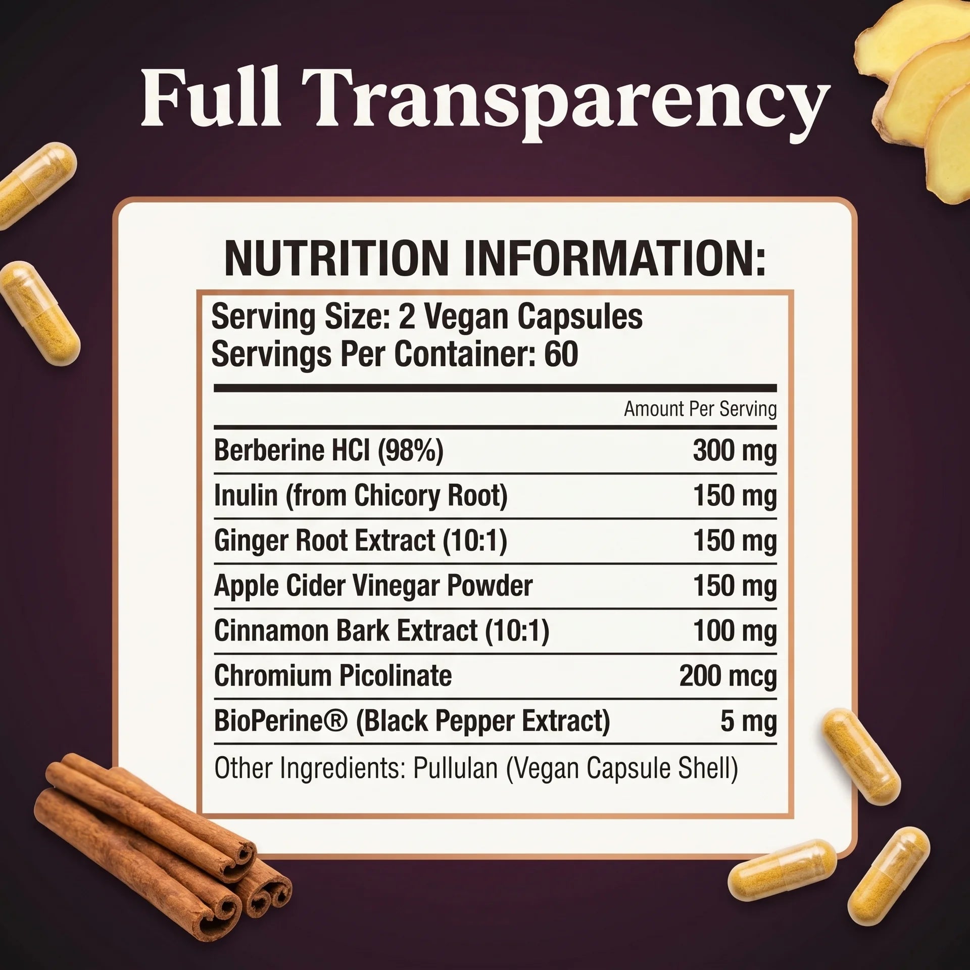 GLP-1 pathway support supplement facts label, 120 vegan capsules, 60 servings, 98% berberine HCl with inulin, chromium and BioPerine black pepper.