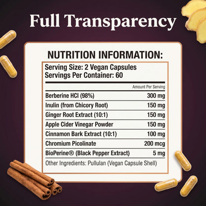 GLP-1 pathway support supplement facts label, 120 vegan capsules, 60 servings, 98% berberine HCl with inulin, chromium and BioPerine black pepper.