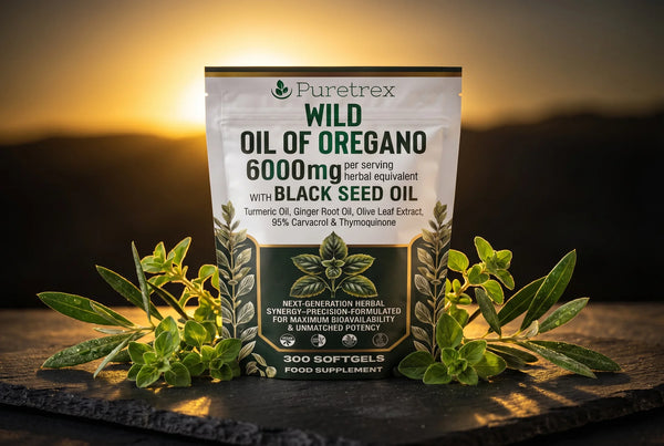 Puretrex Oil of Oregano pouch with fresh oregano and olive leaves — natural daily immune support