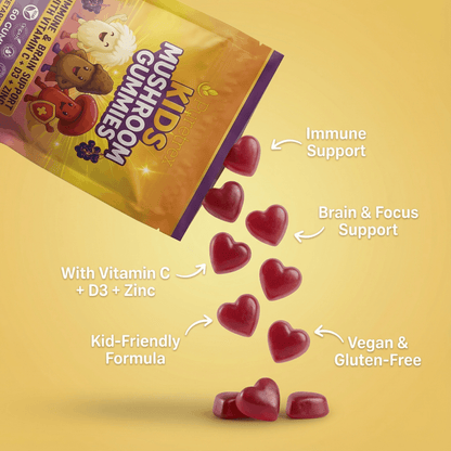 Close up image of red heart shaped kids mushroom gummies spilled from the PURETREX pouch, clearly showing the gummy texture, shape and colour, alongside visible packaging text referring to immune and brain support and kid friendly gummy format