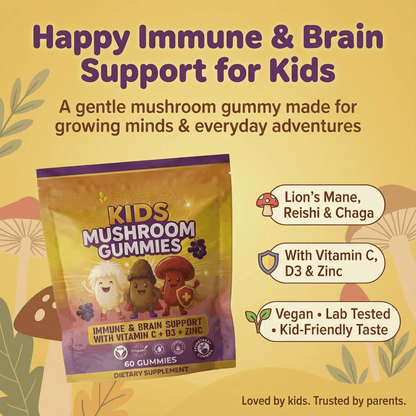 Infographic presenting PURETREX Kids Mushroom Gummies with visual icons and explanatory text describing immune system support and brain support for children, highlighting vitamin C, vitamin D3, zinc and mushroom blend benefits, shown in a colourful kid friendly layout on a yellow background