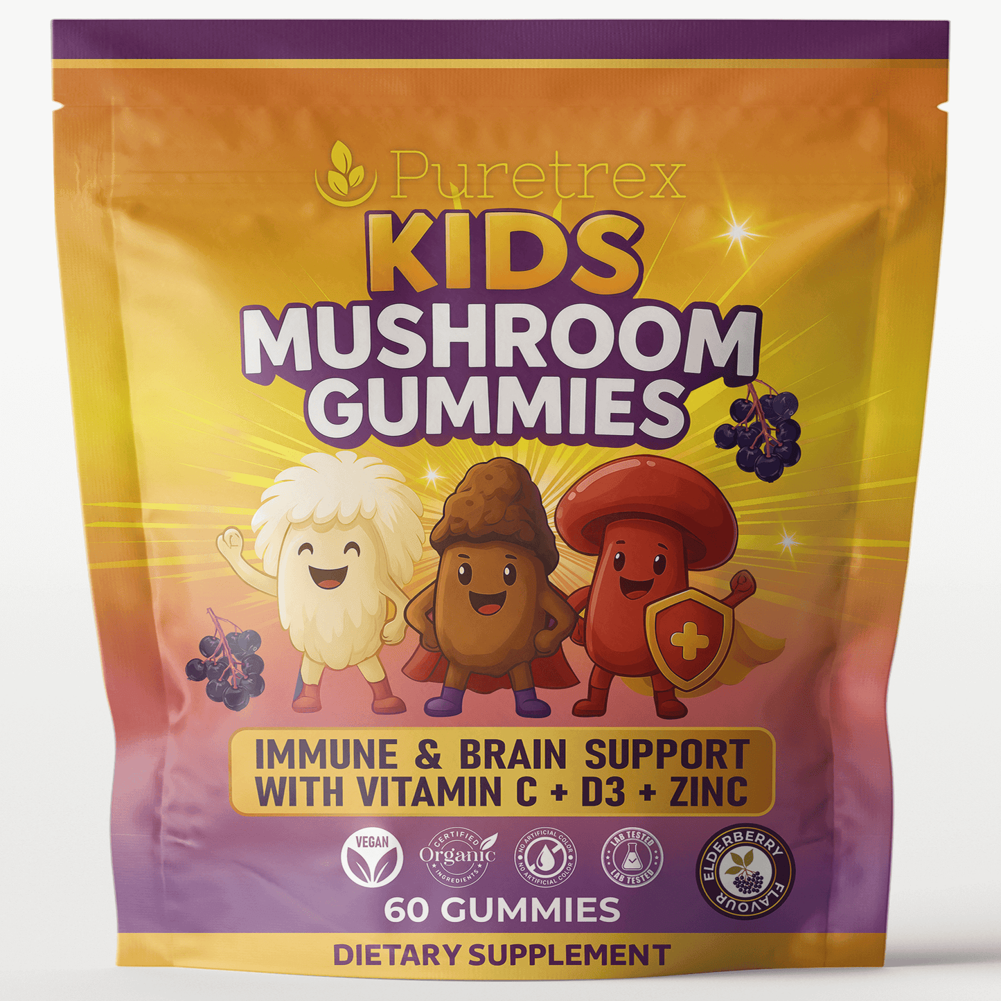 PURETREX Kids Mushroom Gummies for immune and brain support with Vitamin C, D3, and Zinc, 60 gummies with fun mushroom characters on orange and purple pouch