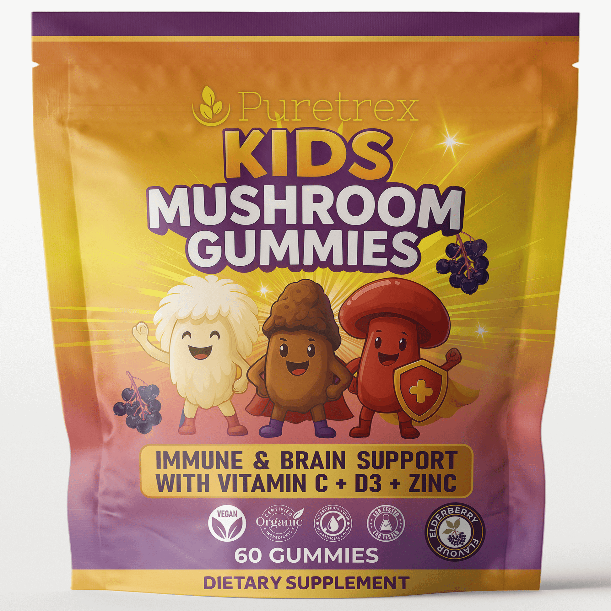 PURETREX Kids Mushroom Gummies for immune and brain support with Vitamin C, D3, and Zinc, 60 gummies with fun mushroom characters on orange and purple pouch