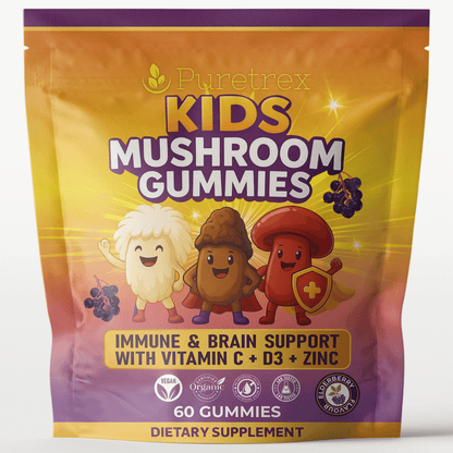 PURETREX Kids Mushroom Gummies for immune and brain support with Vitamin C, D3, and Zinc, 60 gummies with fun mushroom characters on orange and purple pouch