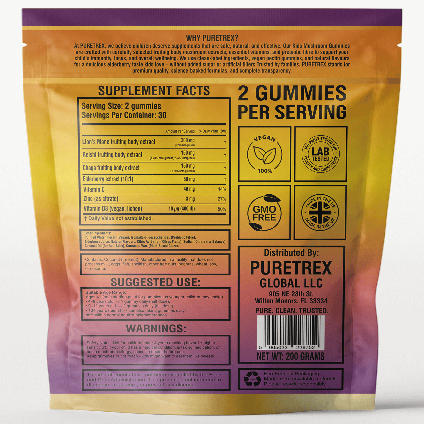 Back view of PURETREX Kids Mushroom Gummies pouch showing the supplement facts panel, full ingredient list, serving size of two gummies, directions for use, storage instructions, safety warnings and manufacturer details printed clearly on the packaging