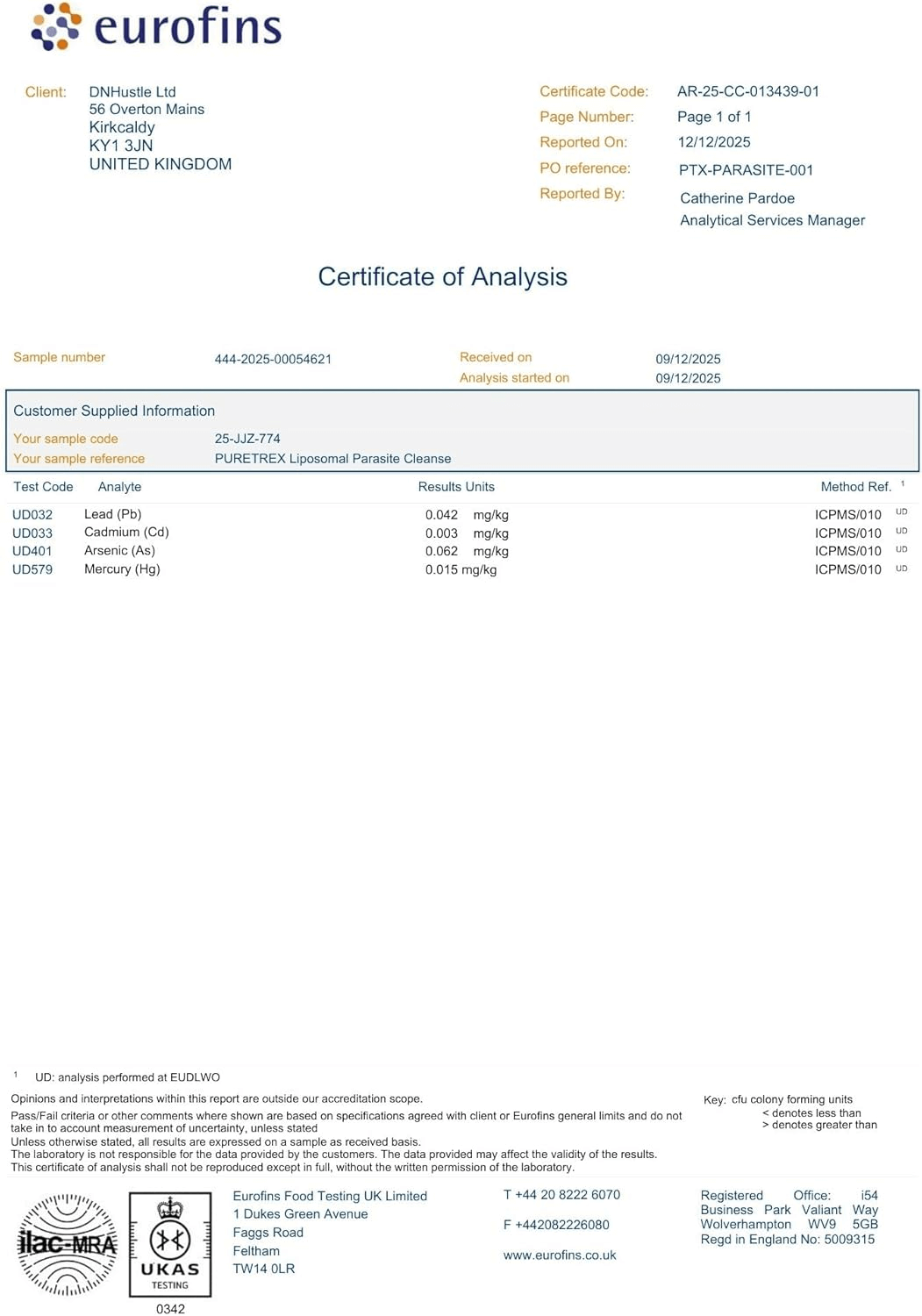 Eurofins Certificate of Analysis for Puretrex Liposomal Herbal Parasite and Gut Detox confirming laboratory testing, quality control and ingredient safety standards
