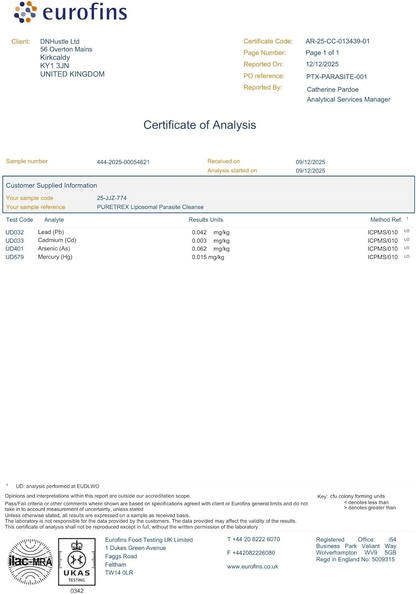Eurofins Certificate of Analysis for Puretrex Liposomal Herbal Parasite and Gut Detox confirming laboratory testing, quality control and ingredient safety standards