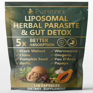 Puretrex Liposomal Herbal Parasite and Gut Detox front packaging pouch showing 5x better absorption, botanical ingredients and capsule supplement for parasite cleanse and gut health support