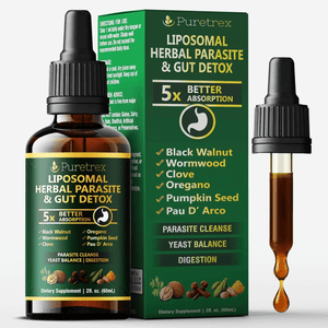 Puretrex Liposomal Herbal Parasite and Gut Detox supplement showing glass dropper bottle, box packaging and liquid formula, advanced liposomal absorption for parasite cleanse, gut health and digestion support