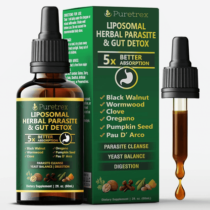 Puretrex Liposomal Herbal Parasite and Gut Detox supplement showing glass dropper bottle, box packaging and liquid formula, advanced liposomal absorption for parasite cleanse, gut health and digestion support