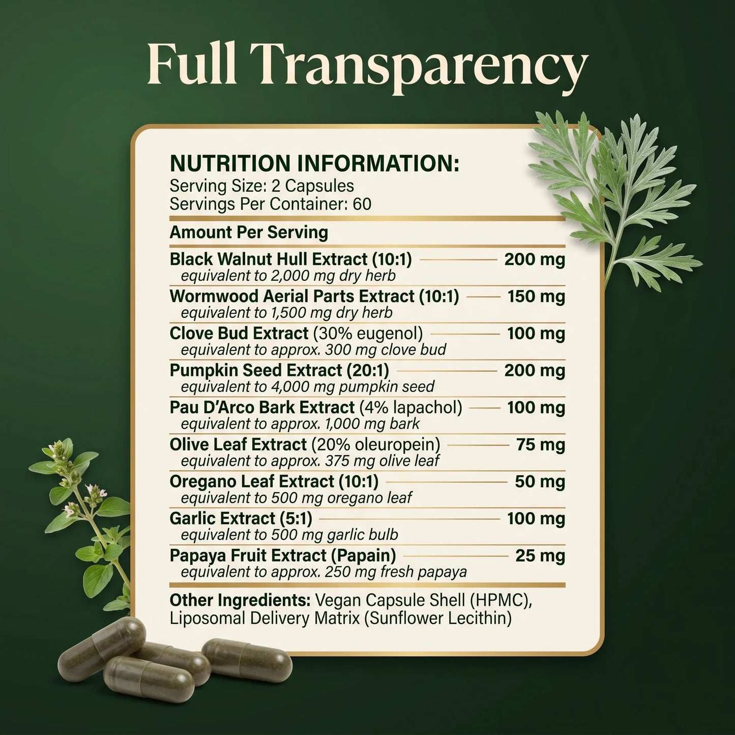 Liposomal parasite cleanse supplement facts label, 120 vegan capsules, 60 servings, 9 standardised herbal extracts with sunflower lecithin delivery.